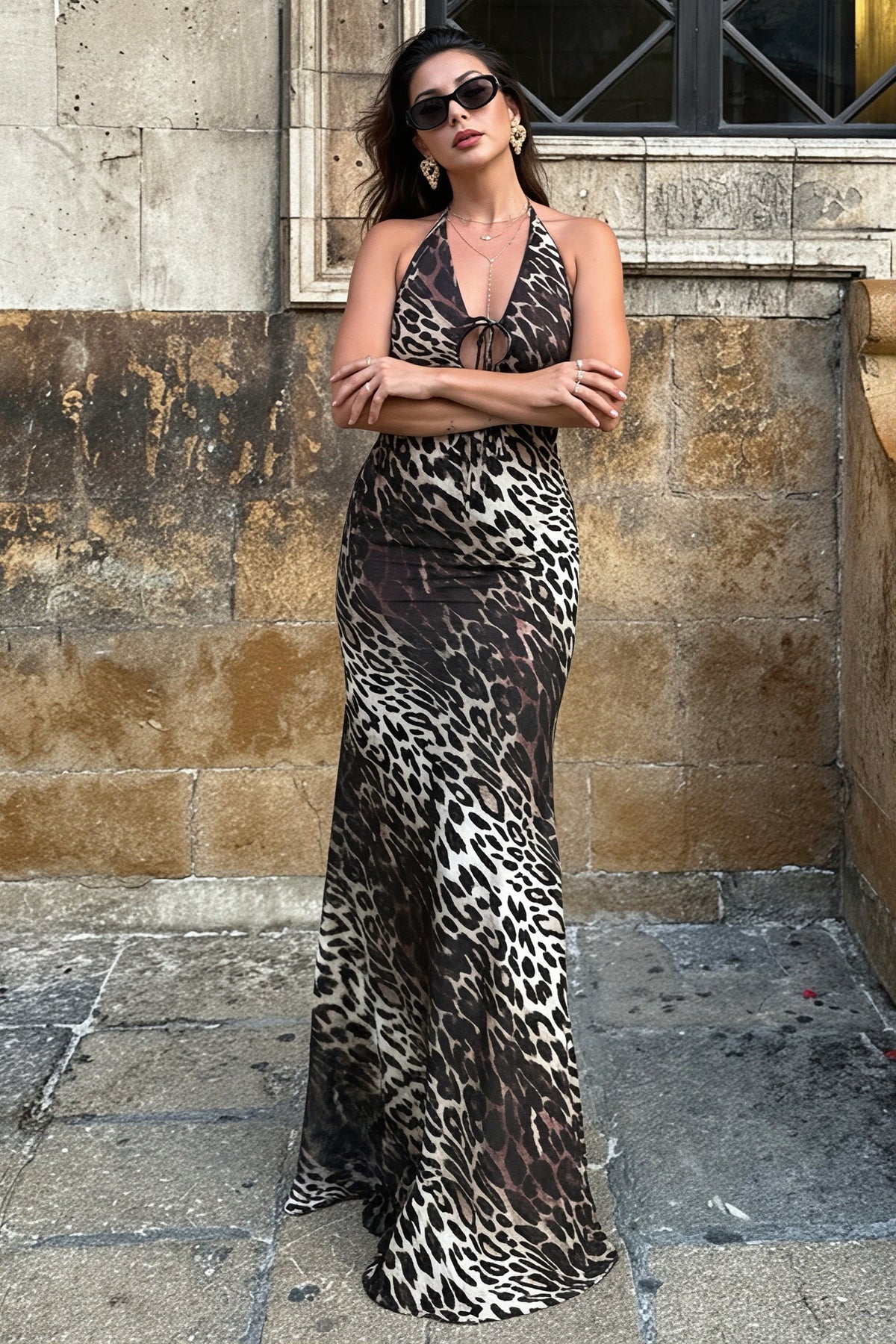Leopard Print Halter Neck Tie Front Maxi Dress