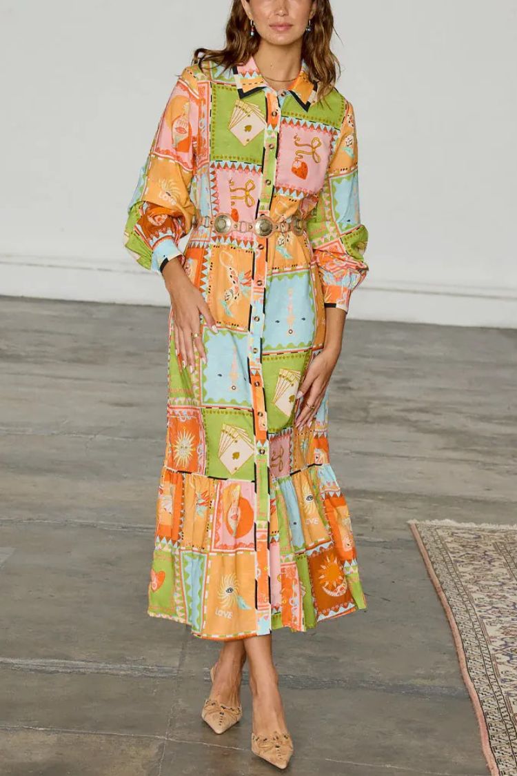 Linen Blend Unique Printed Long Sleeve Lapel Tie-waist Midi Dress - Fashionpara