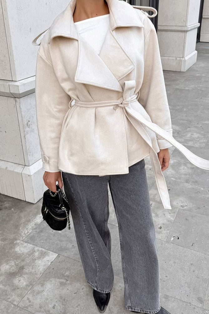 Suede Solid Tie Waist Thickened Warm Coat 9