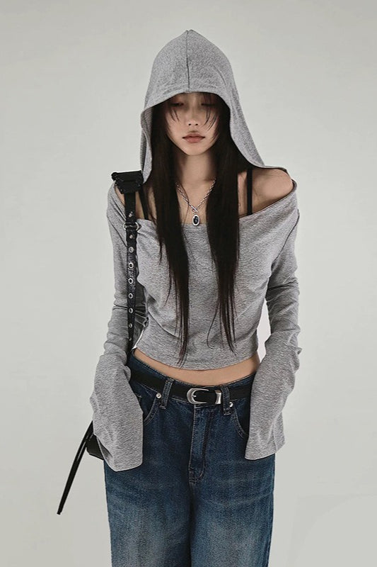 Grey Off-Shoulder Hoodie - Fashionpara