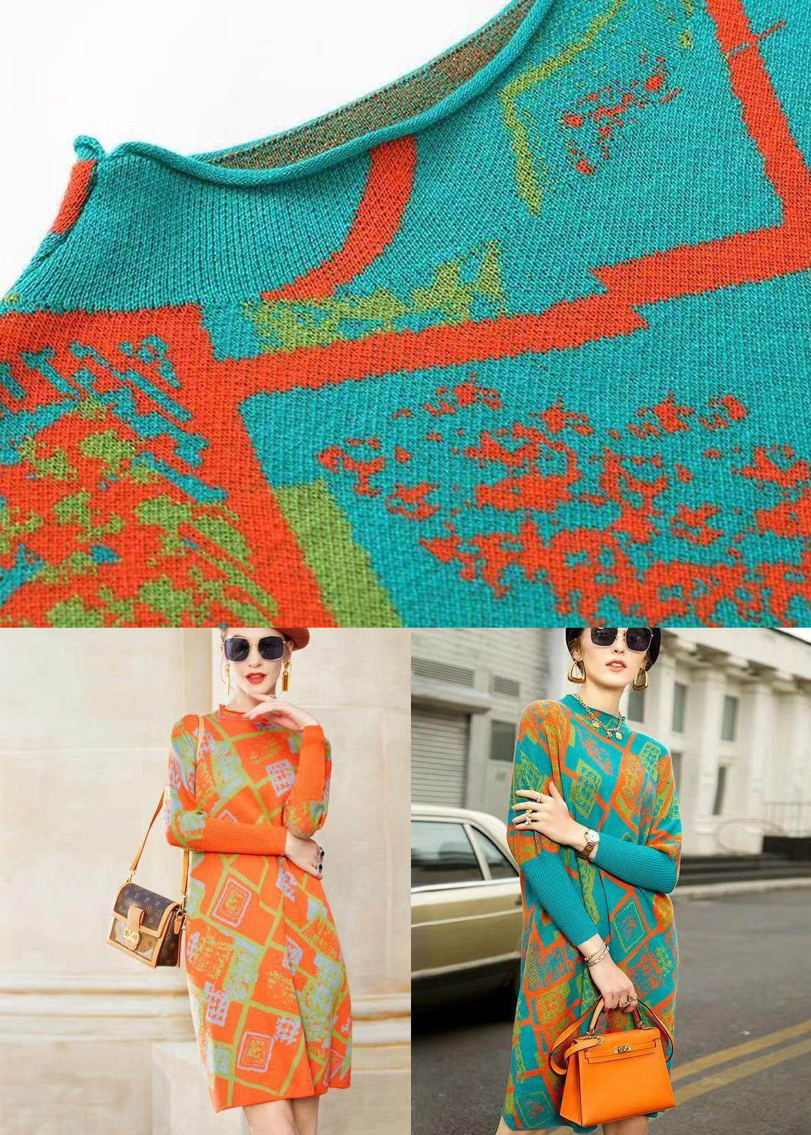 Geometric Pattern Knit Mock Neck Batwing Sleeve Shift Midi Dress - View 5