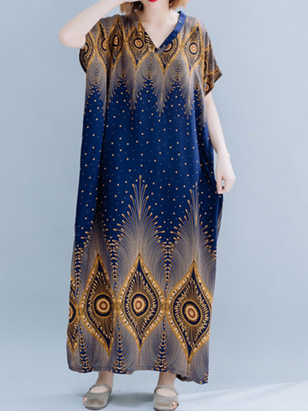 Feather Print V-Neck Batwing Sleeve Kaftan Maxi Dress