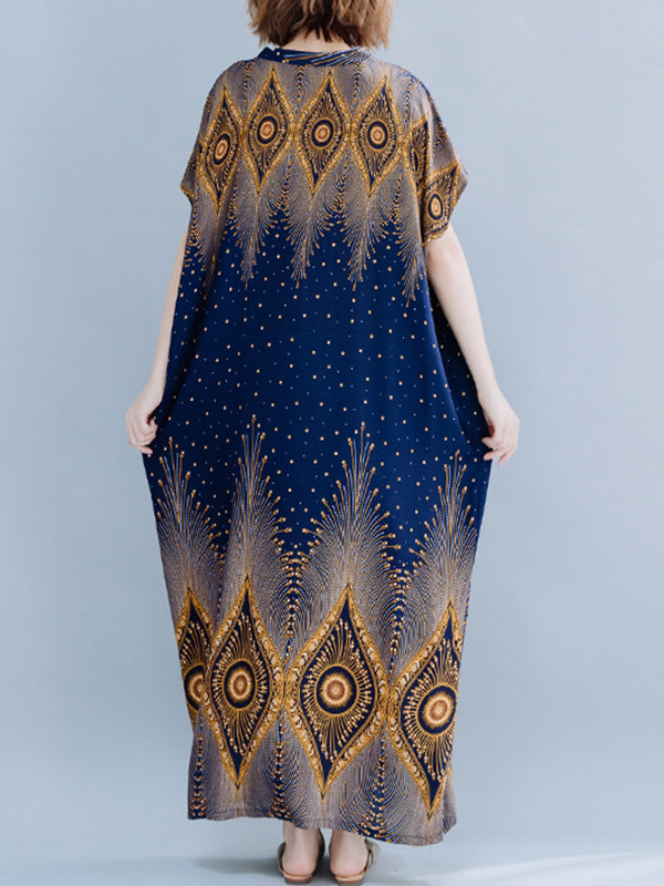 Feather Print V-Neck Batwing Sleeve Kaftan Maxi Dress 7
