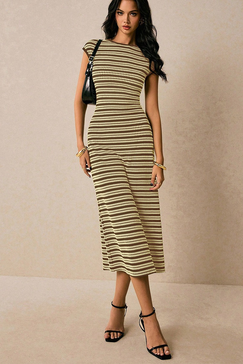 Striped Knit Crew Neck Cap Sleeve Bodycon Midi Dress