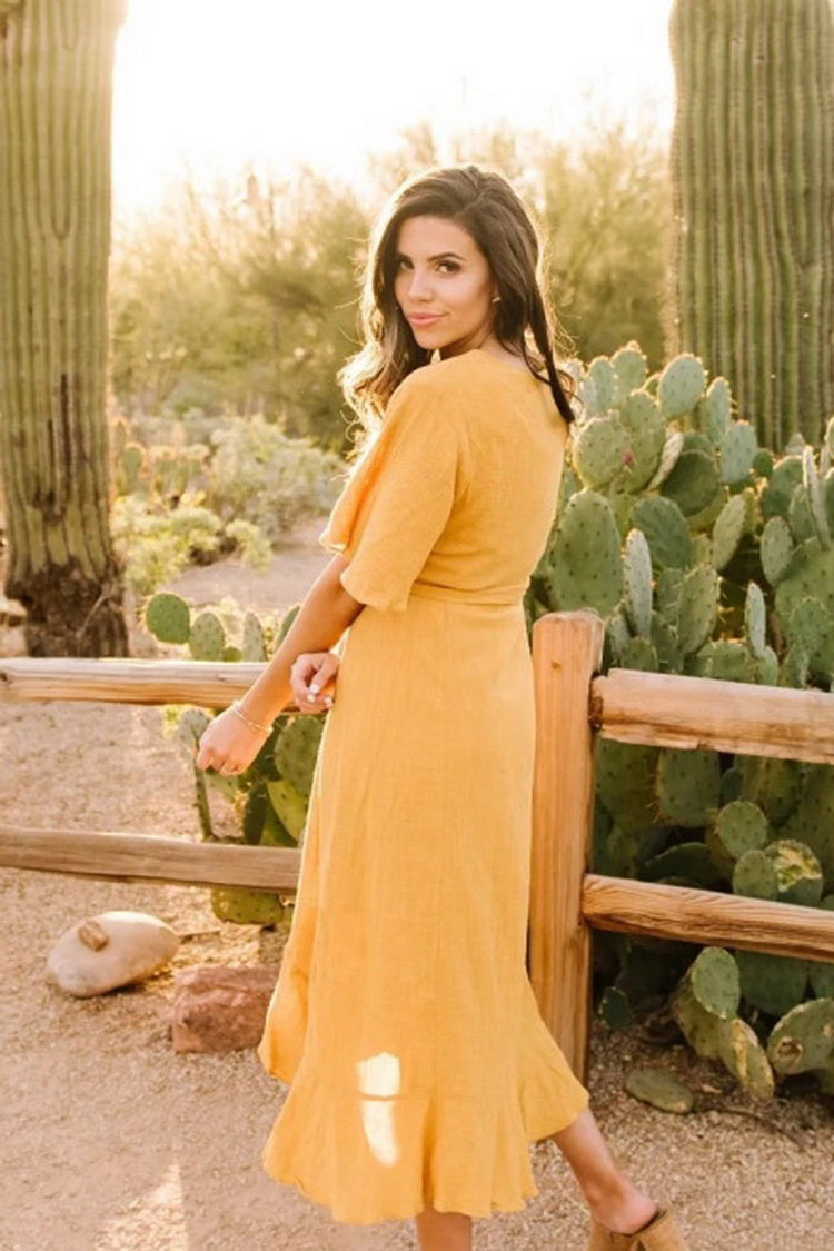 Ruffled V-neck Lace Dress - Fashionpara