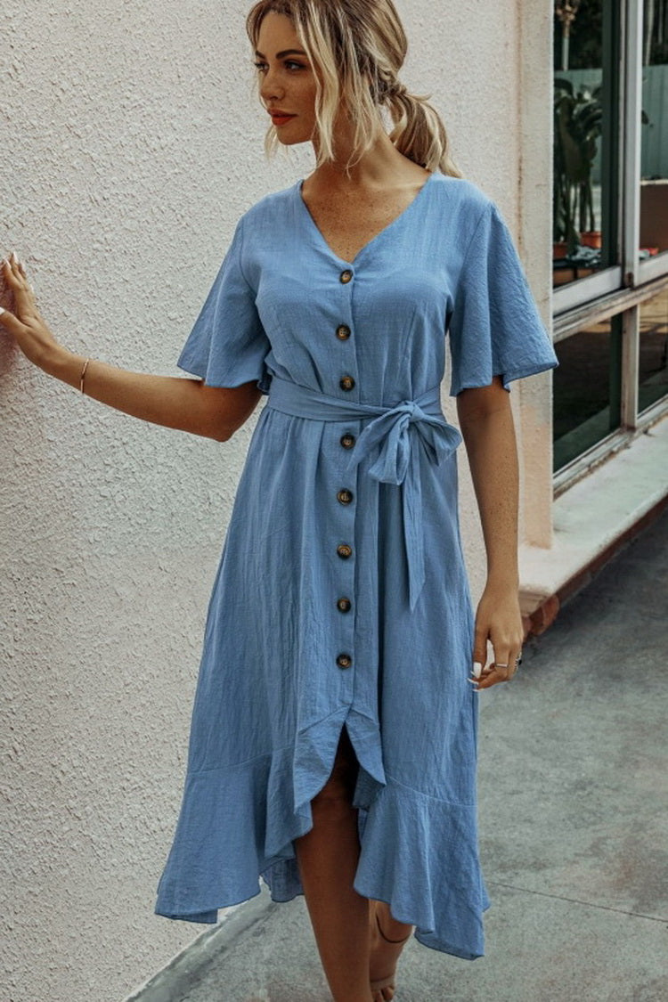 Ruffled V-neck Lace Dress - Fashionpara