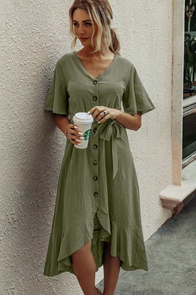 Ruffled V-neck Lace Dress - Fashionpara