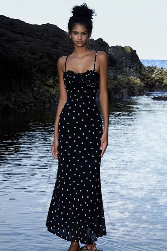 Polka Dot Floral-Trim Spaghetti Strap Mermaid Maxi Dress