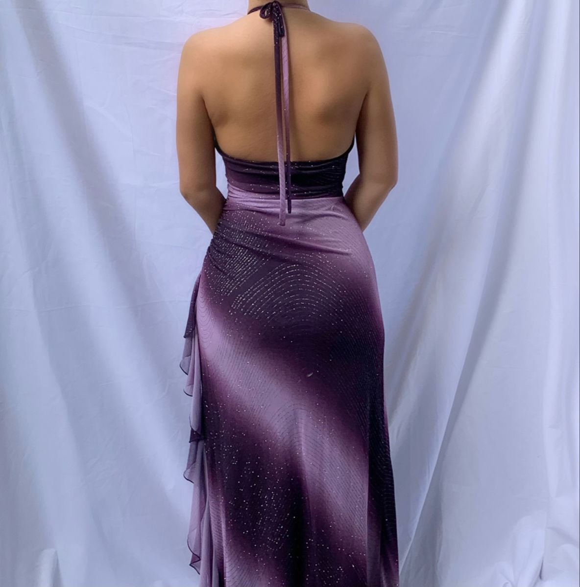 Retro Halter V Neck Purple Ombre Chiffon Sequin Ruffles Long Prom Dress Party Dress D1148