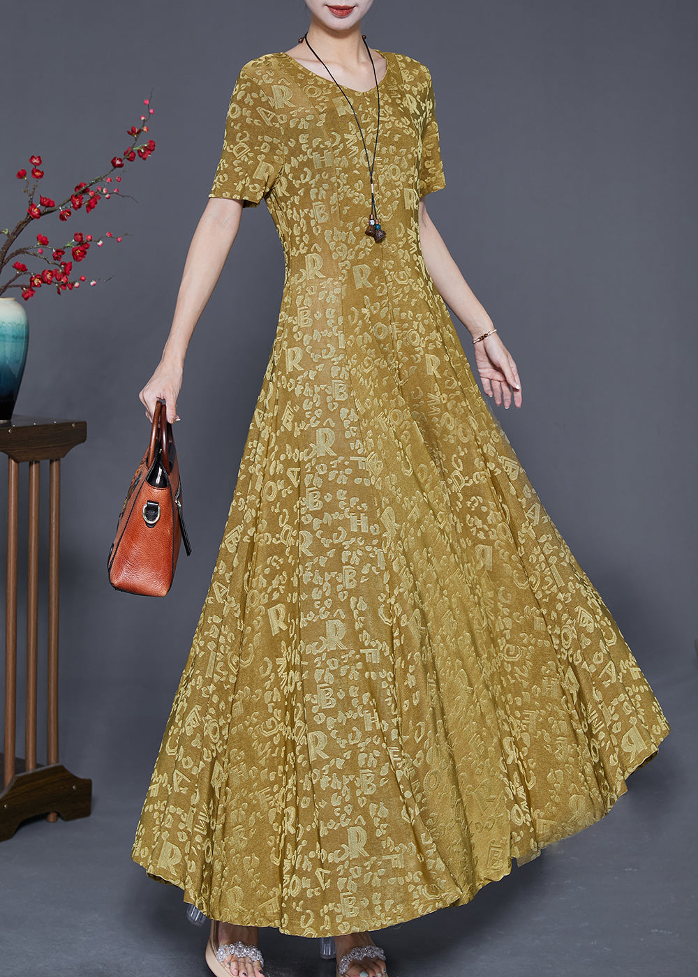 Jacquard Letter Print Scoop Neck Short Sleeve A-Line Maxi Dress - View 2