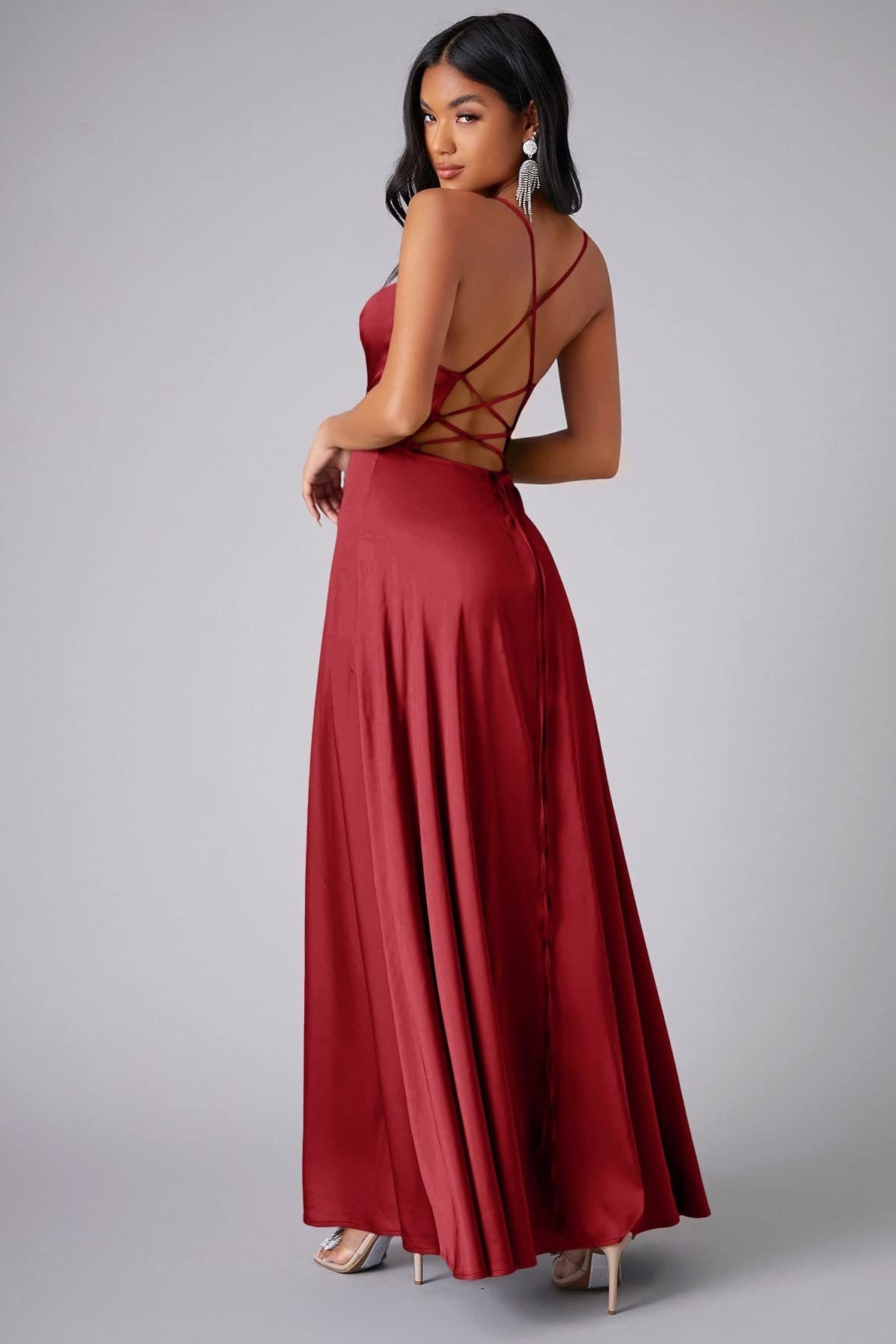 Satin Cowl Neck Spaghetti Strap High Split Maxi Formal Dress - View 7