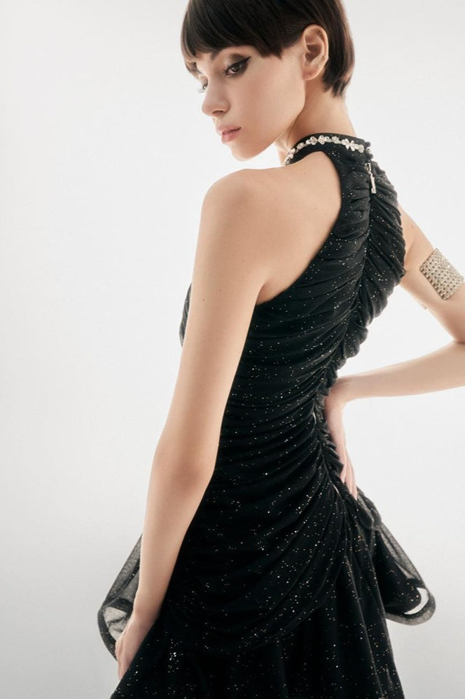 Tulle Halter Neck Embellished Tiered Mini Dress