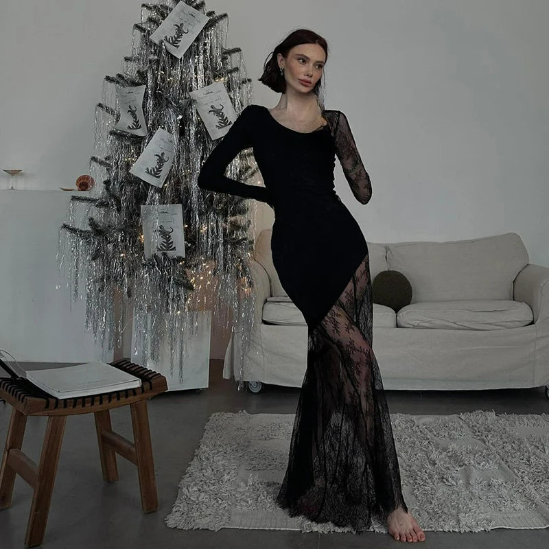 Lace Patchwork Transparent Maxi Dress