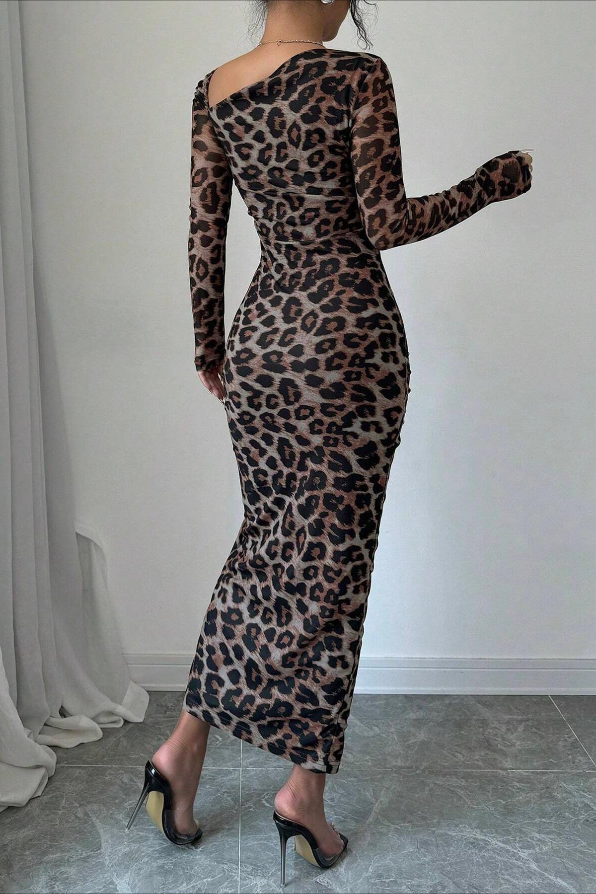 Leopard Print Ruched Long Sleeve Maxi Dress
