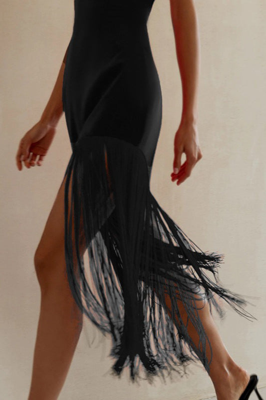 Strapless Fringe Trim High Split Bodycon Mini Party Dress - View 7