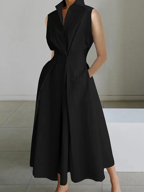 Stand Collar Deep V-Neck Sleeveless Pocket A-Line Midi Dress
