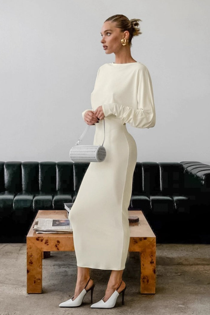 Boat Neck Long Sleeve Draped Cold Shoulder Midi Dress