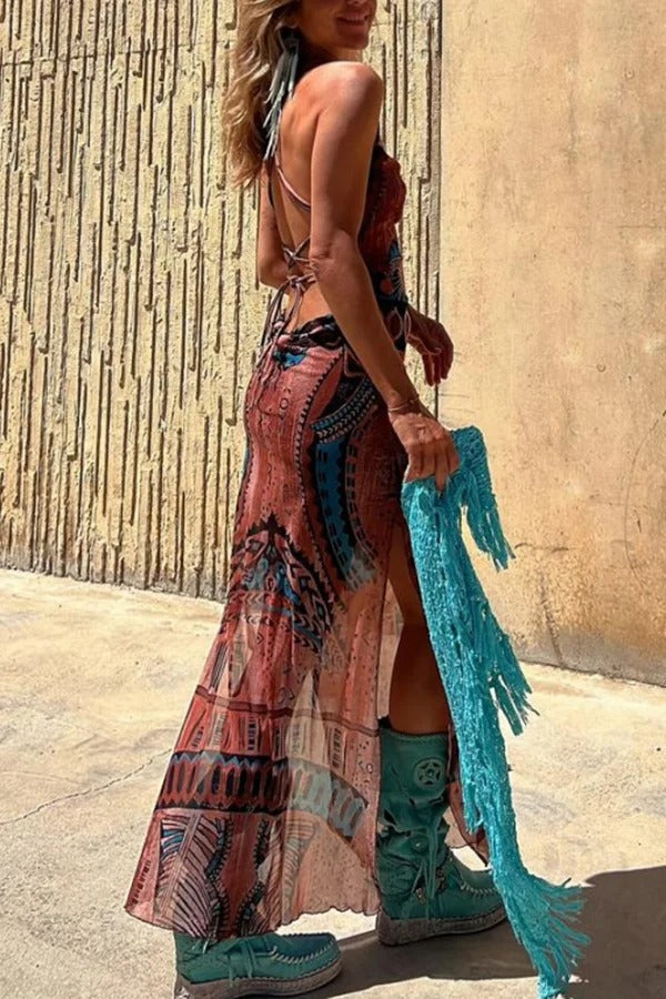 Backless Lace Up Fringe High Split Boho Maxi Dress - View 12