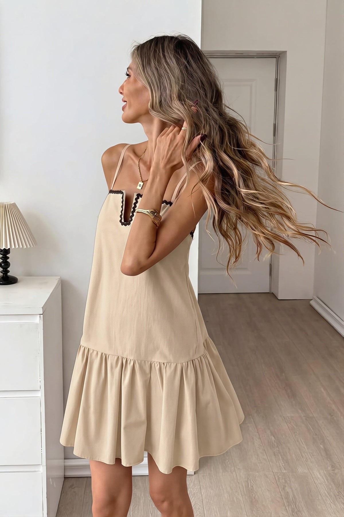 Notch Neck Ric Rac Trim Ruffle Hem Mini Dress 3