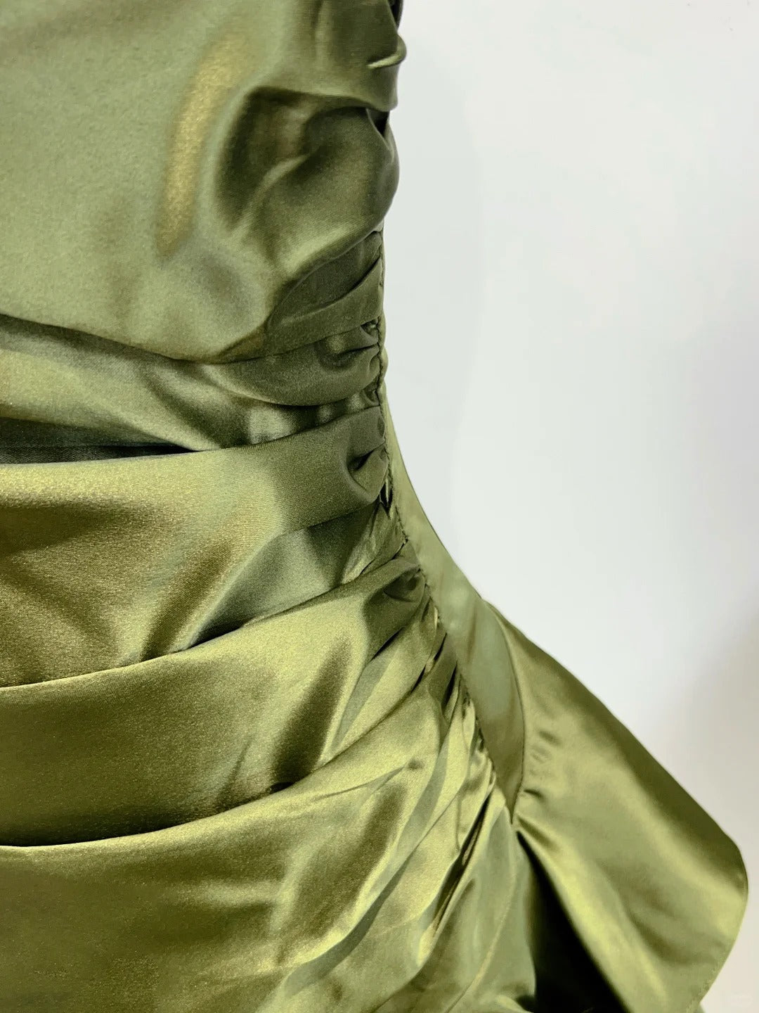Elegant Olive Green Mermaid Ruffle Spaghetti Strap Satin Prom Dress Evening Dress P4068