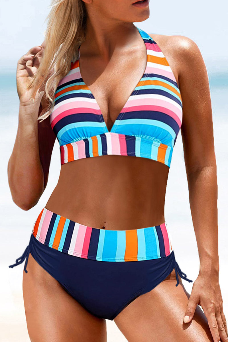 Striped V Neck Halter lace-up Swimsuit - Fashionpara