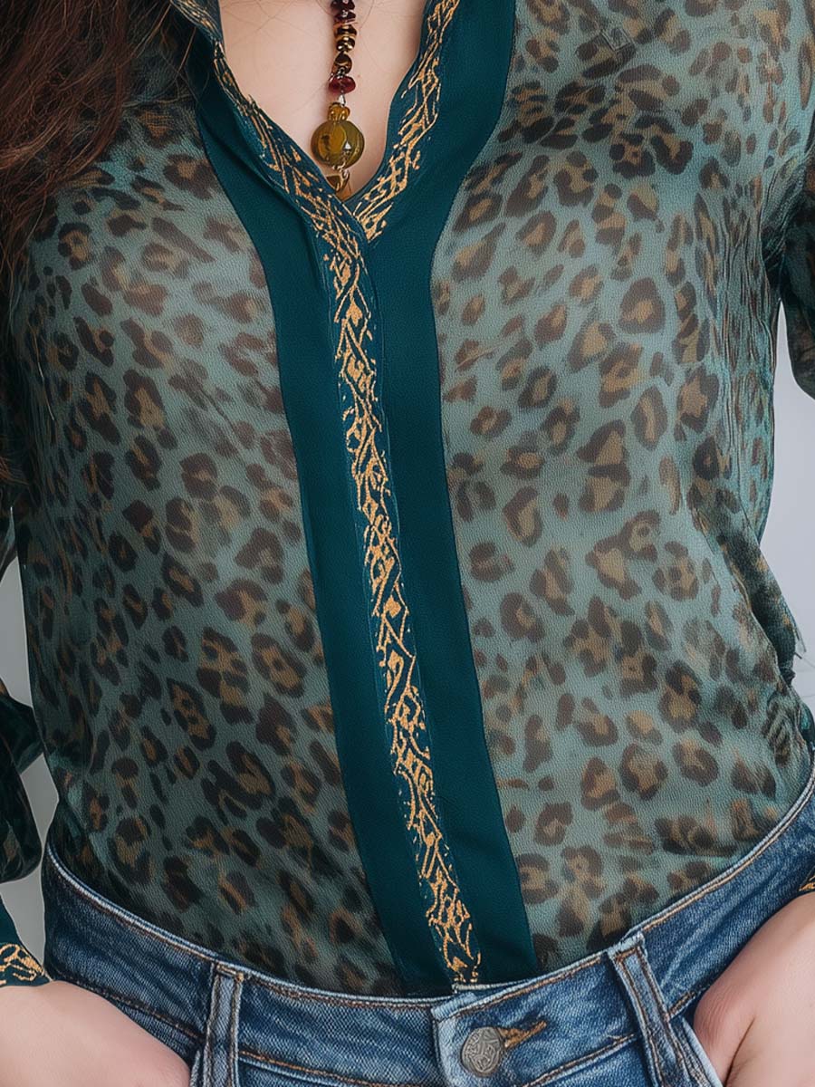 Boho Animal Print Vintage Green Chiffon Shirt - Fashionpara