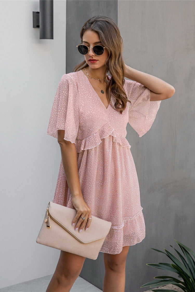 Printed V-neck Ruffled Dress