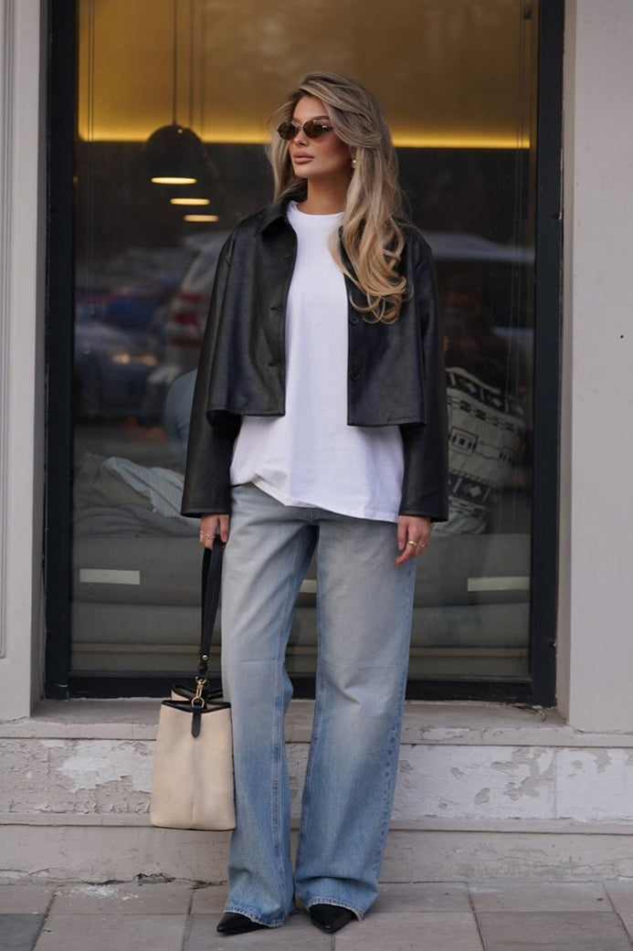 Chic Black Cropped Moto Coat for Stylish Street Wear