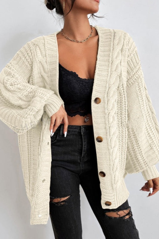 Oversized Cable Knit V Neck Button Cardigan 5
