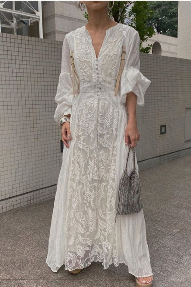 Vintage Lace Panel V-Neck Embroidered Boho Dress - Fashionpara