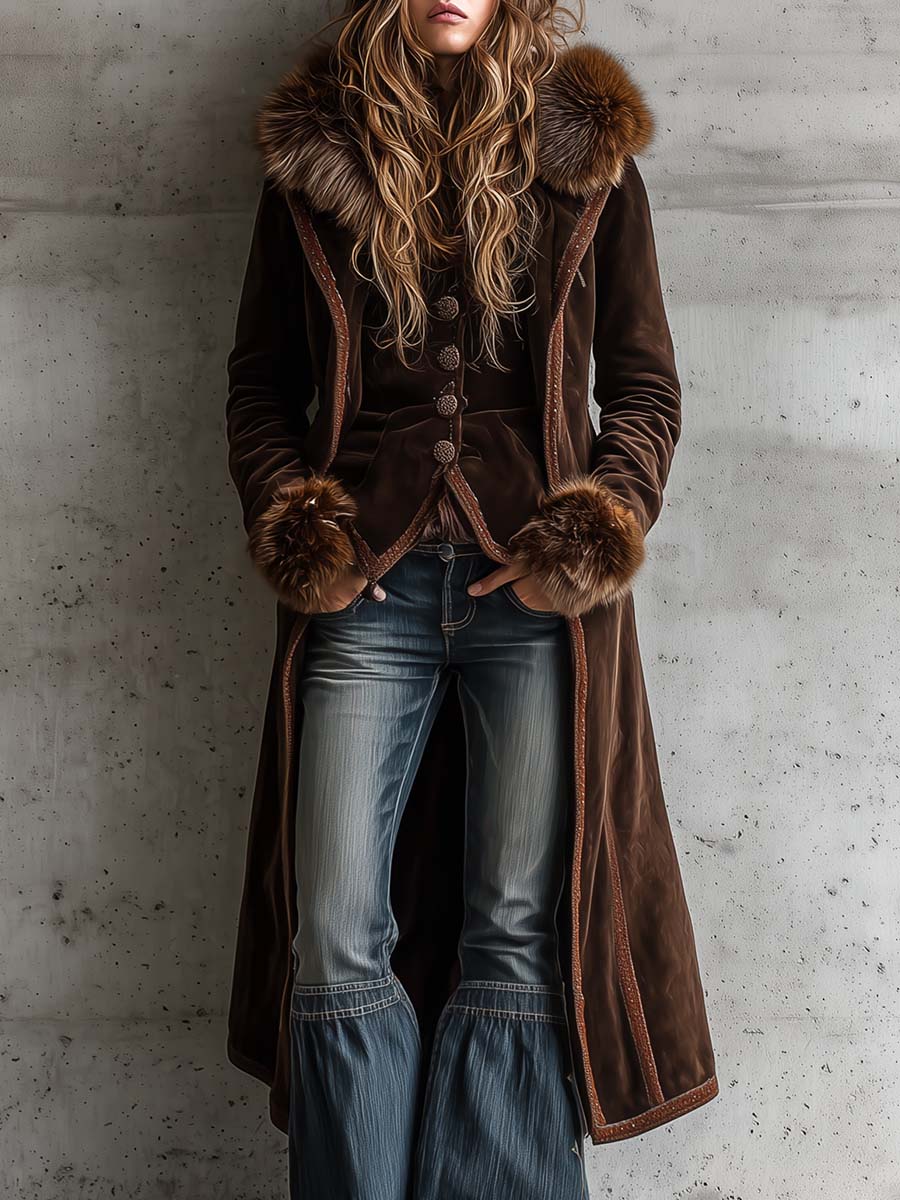 Brown Microfiber Suede Maxi Coat With Faux Fur Trim - Fashionpara