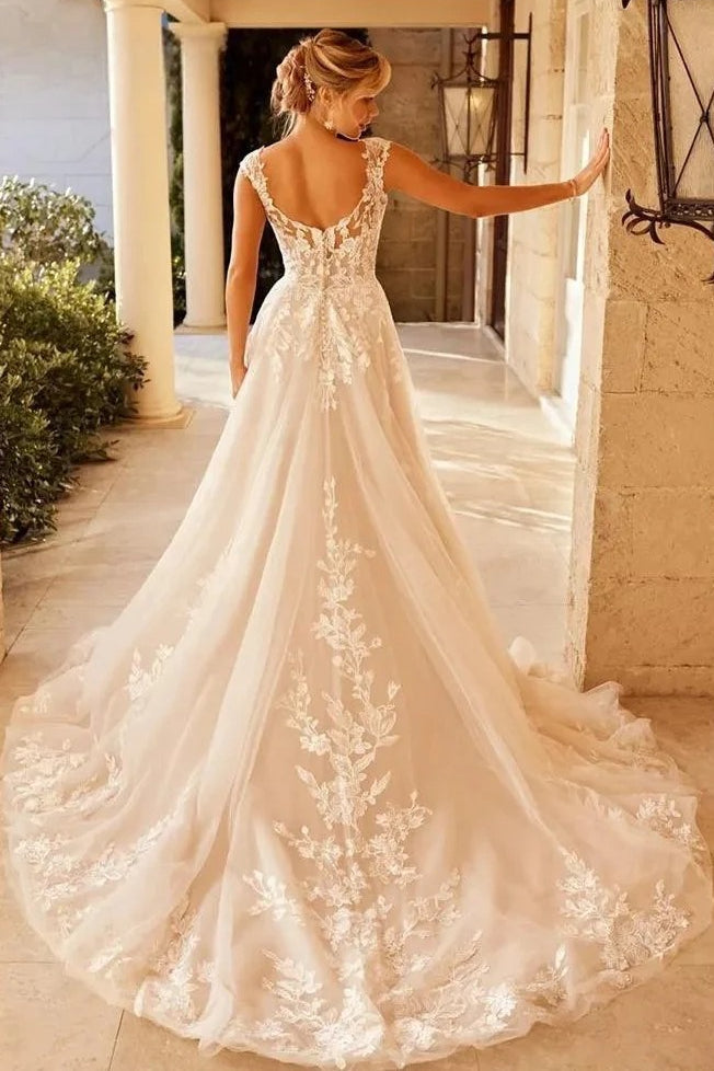 Lace Appliqué V-Neck Cap Sleeve Tulle A-Line Bridal Gown 2
