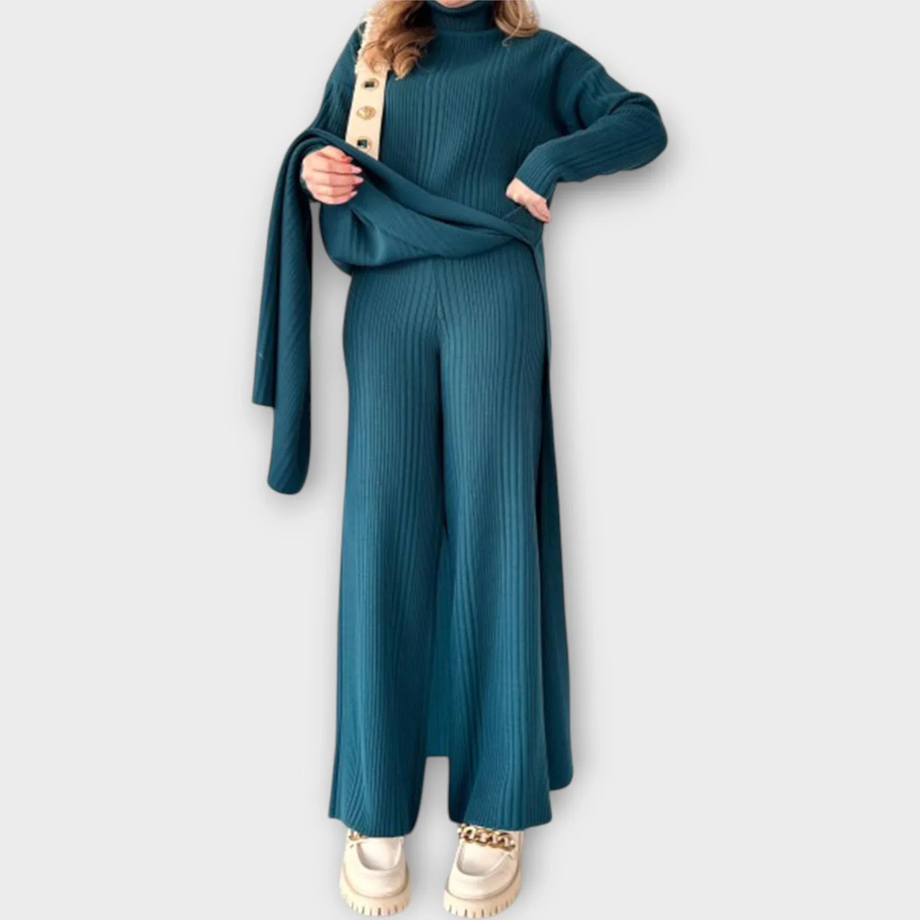 High-Neck Knit Sweater and Trousers Two-Piece Suit Set
