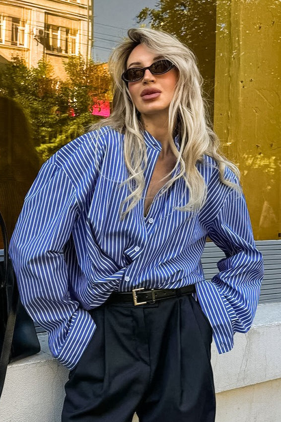 Striped Loose Button Up Blouse - Fashionpara