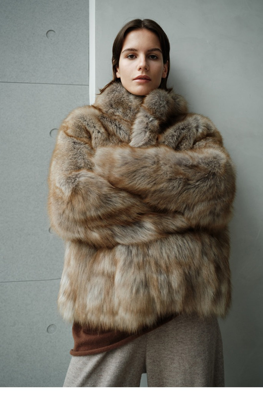 Minimalist Mid-Length Faux Fur Stand Collar Coat