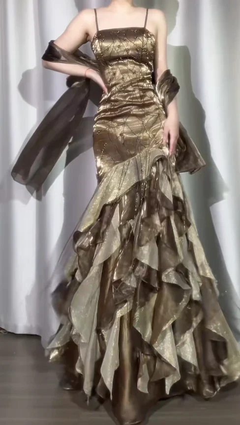 Gorgeous Sheath Long Prom Dress Spaghetti Straps Birthday Dress Beaded Satin Formal Dresses - Fashionpara