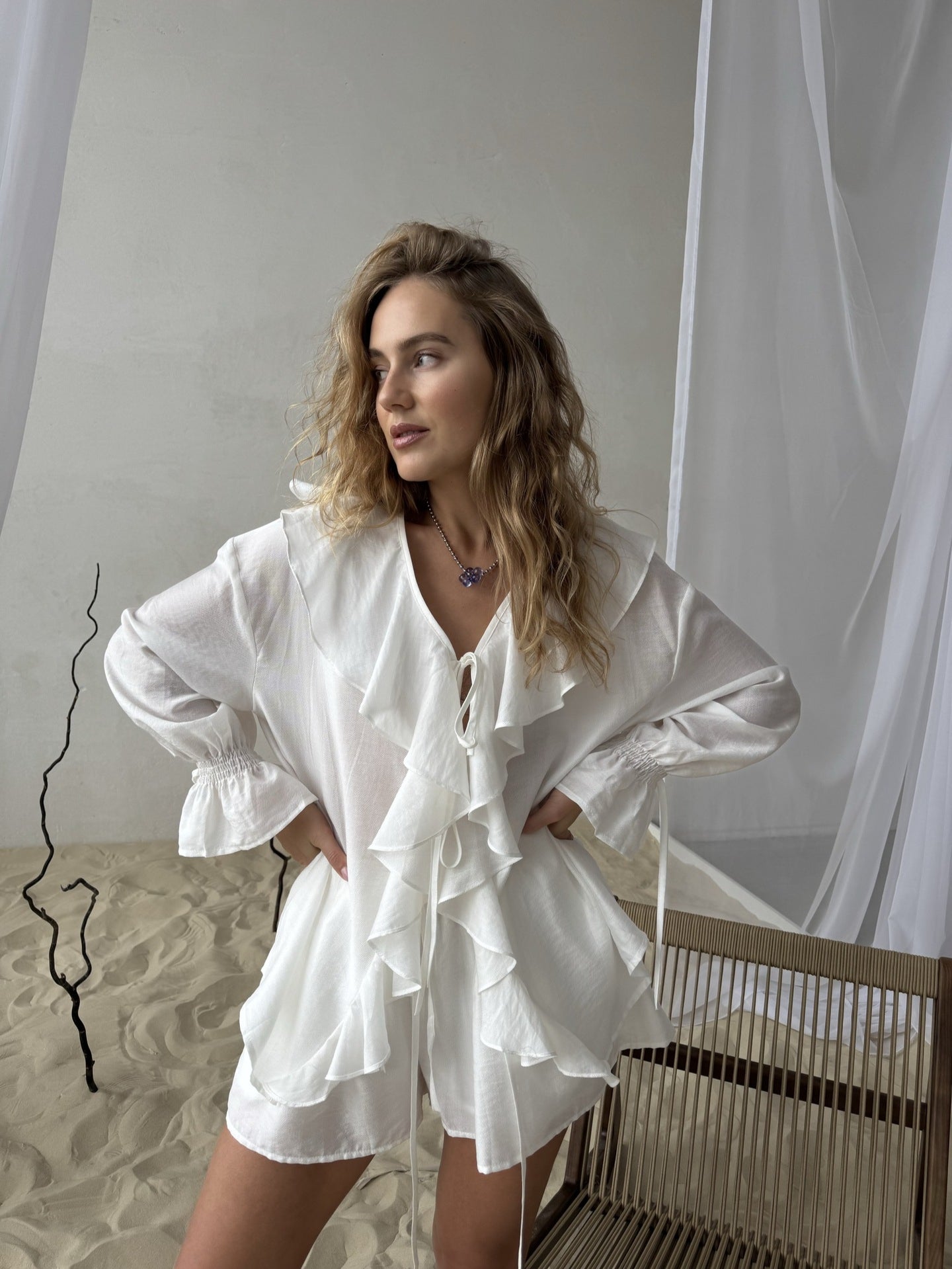 Ruffled Hem Tie Front Cardigan and Shorts Set for Style