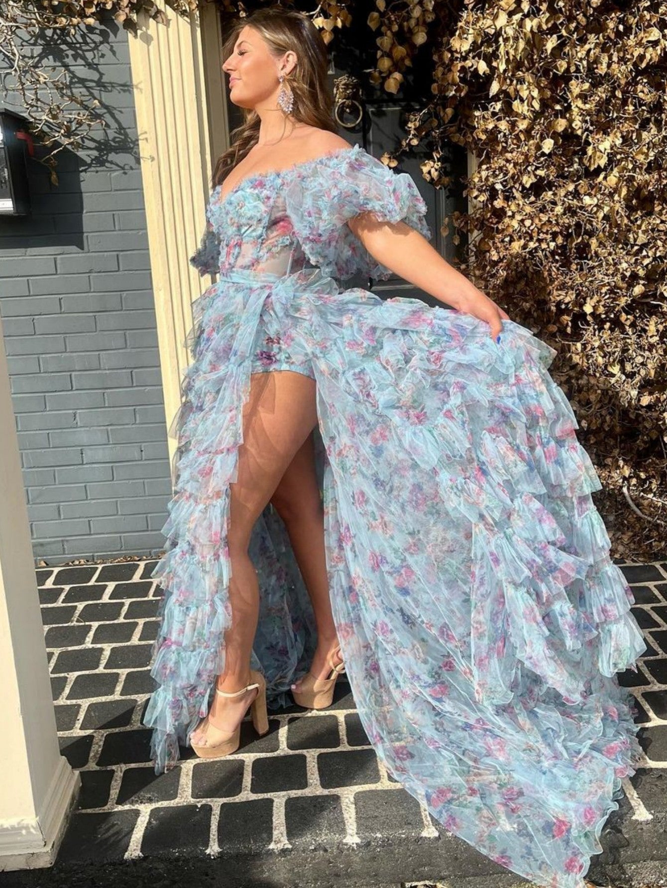 A Line Blue Floral Strapless Tulle Long Prom Dress With Slit - Fashionpara