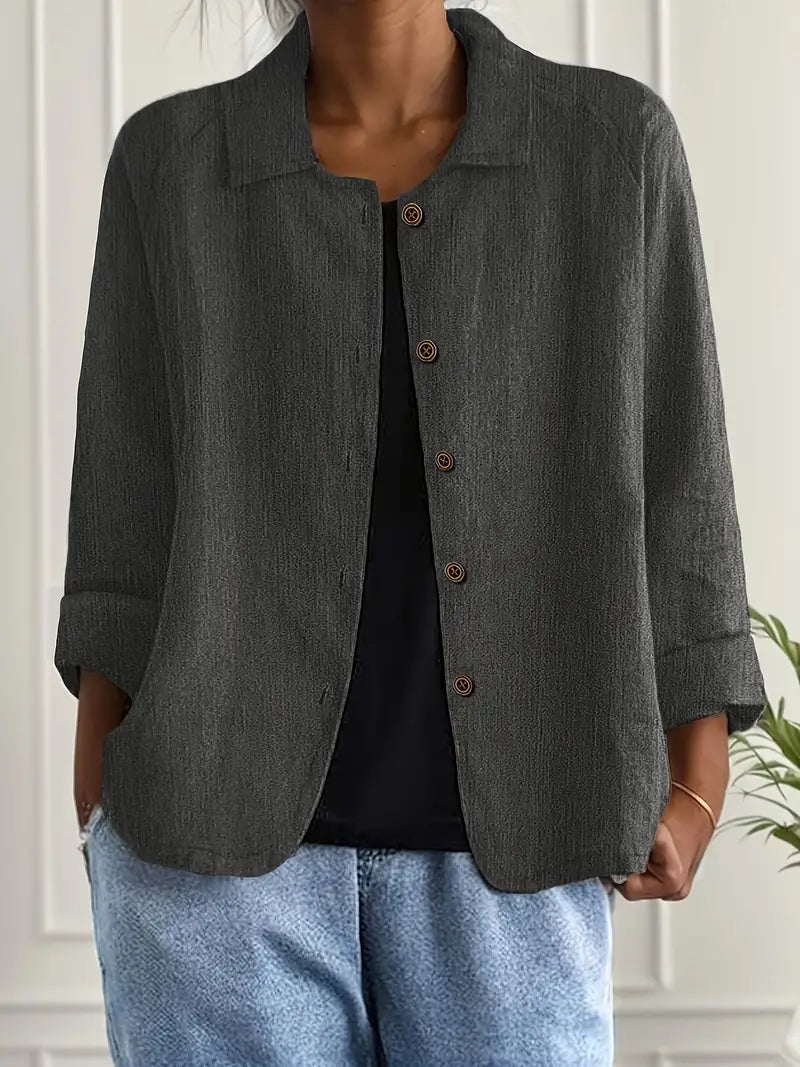 Collared Long Sleeve Button Front Linen Look Shirt 13
