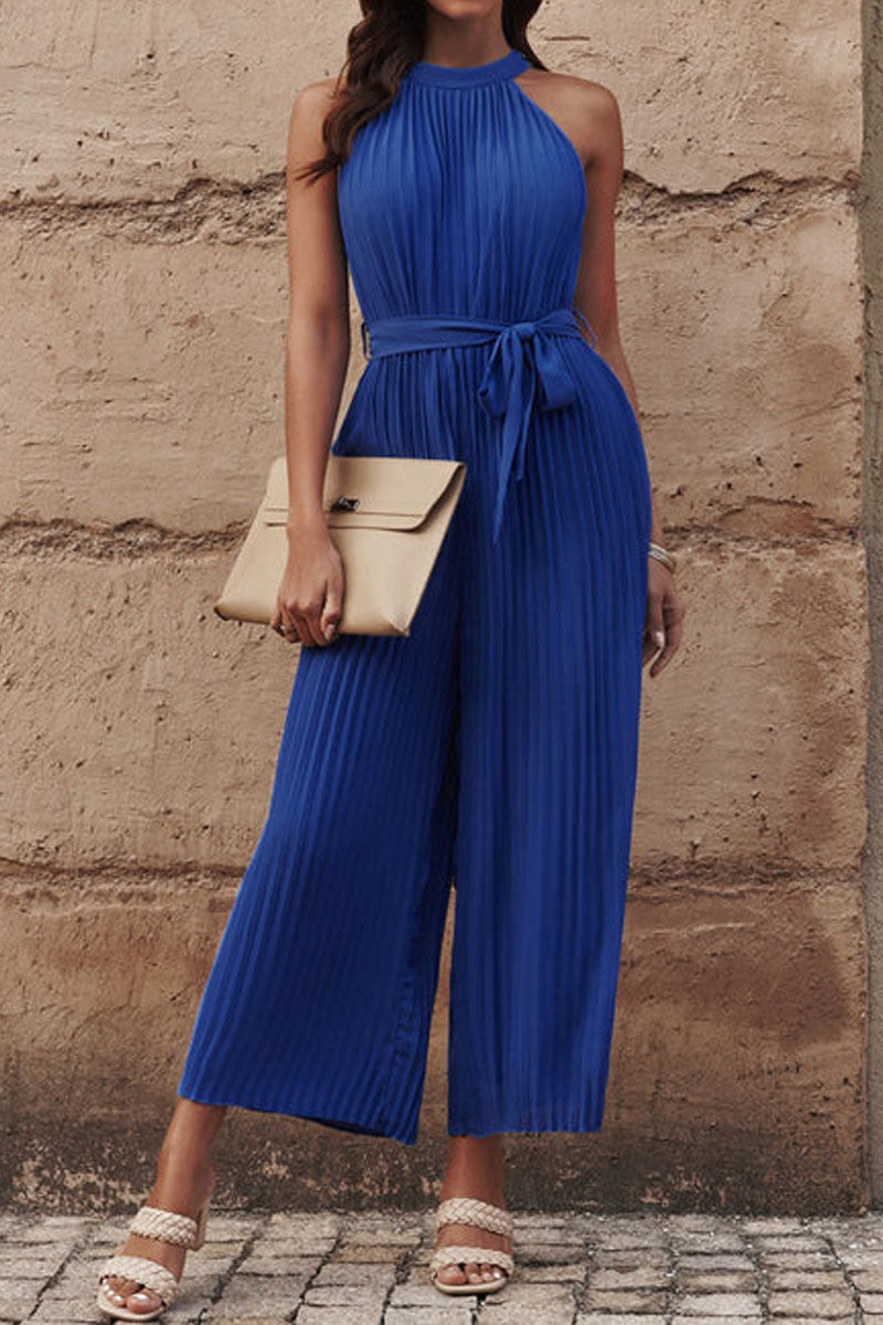Accordion-pleated Belted Grecian Neck Sleeveless Jumpsuit Fashionpara
