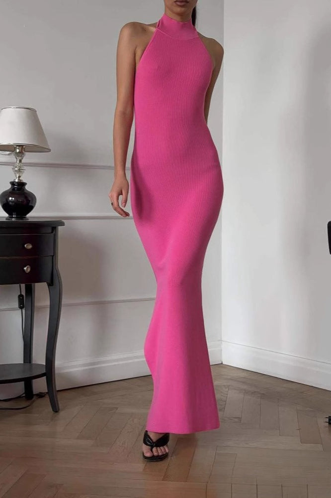 Ribbed Knit Halter Neck Bodycon Maxi Dress 4