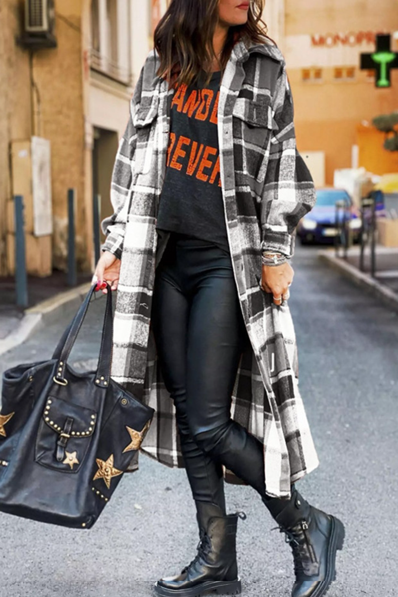 Lapel Plaid Slit Long Woolen Coat Fashionpara