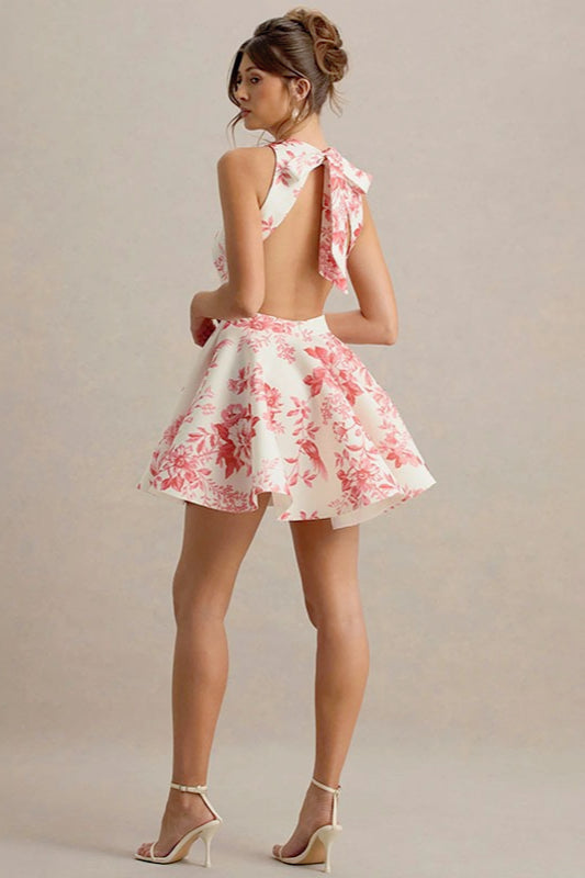 Floral Print High-Neck Sleeveless Fit-and-Flare Mini Dress