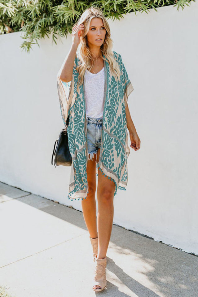 Seaside Resort Kimono Cardigan with Pompom Detail