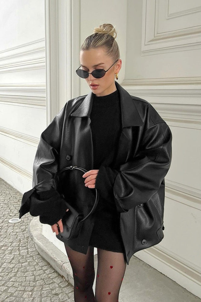 Relaxed Double Breasted Faux Leather Blazer