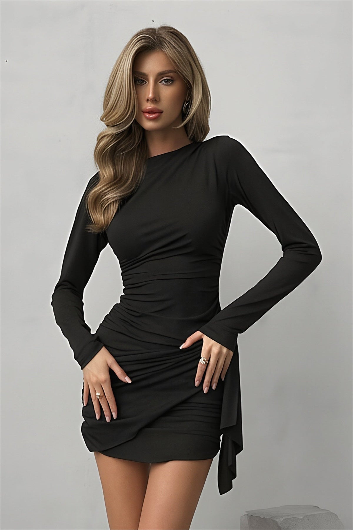 Jersey Round Neck Long Sleeve Ruched Bodycon Mini Dress