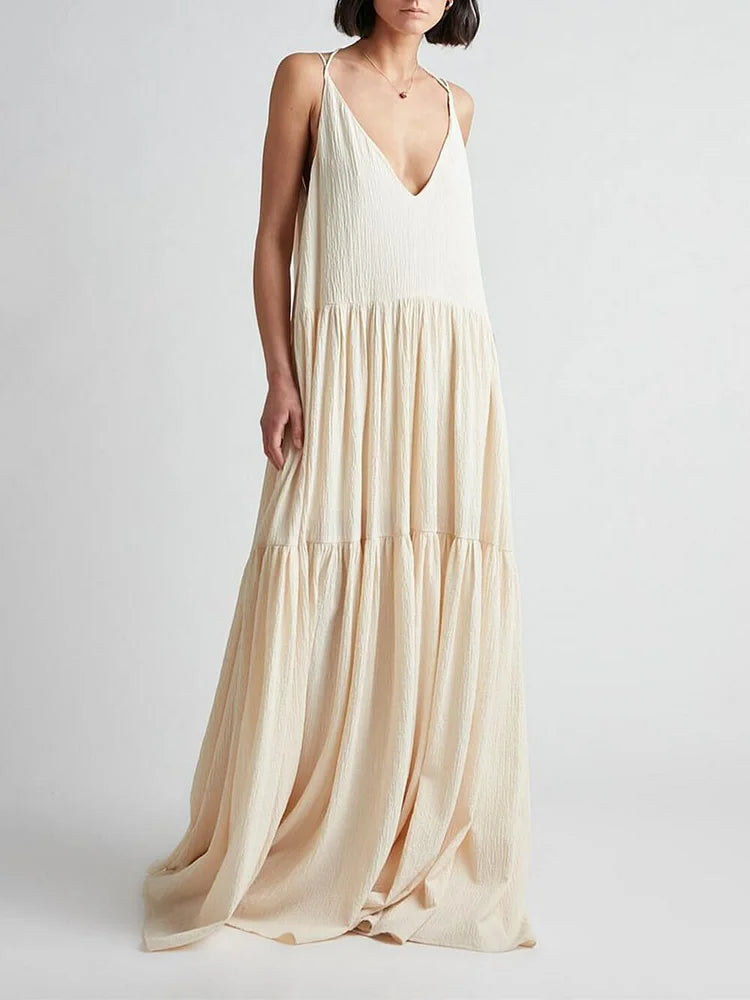 Spaghetti Strap Deep V-Neck Tiered Crinkle Gauze Flowy Maxi Gown