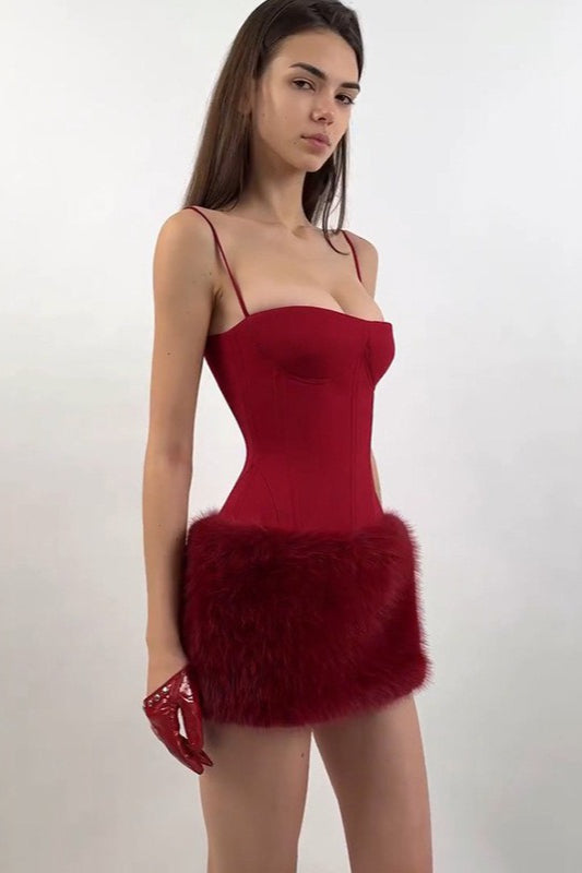 Fur Trim Strapless Bodycon Mini Birthday Dress