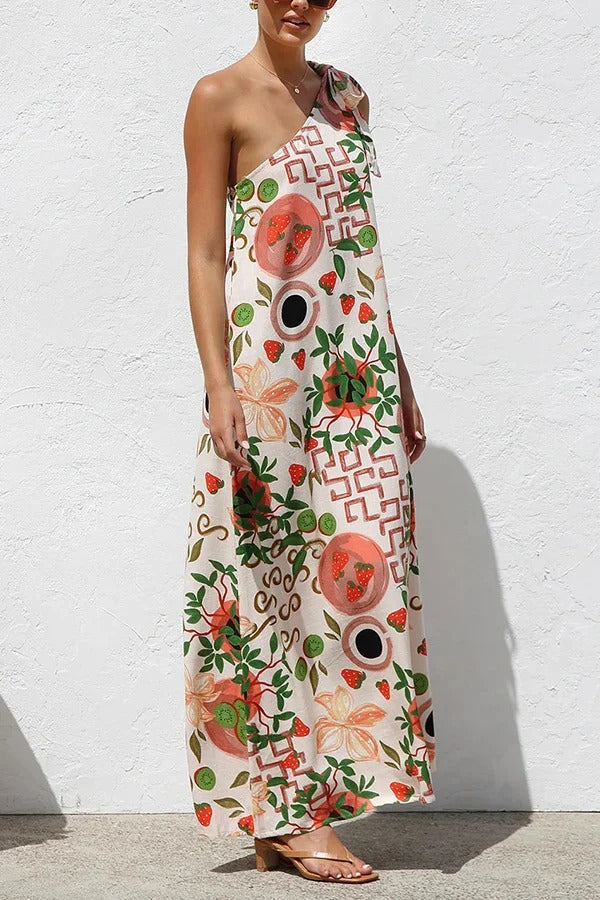 Botanical Print Elegant Strappy One-shoulder Resort Maxi Dress - Fashionpara