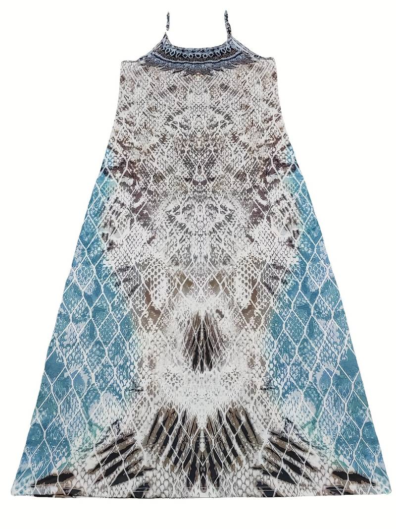 Spaghetti Strap Sleeveless Snakeskin Print Geometric Panel Maxi Dress